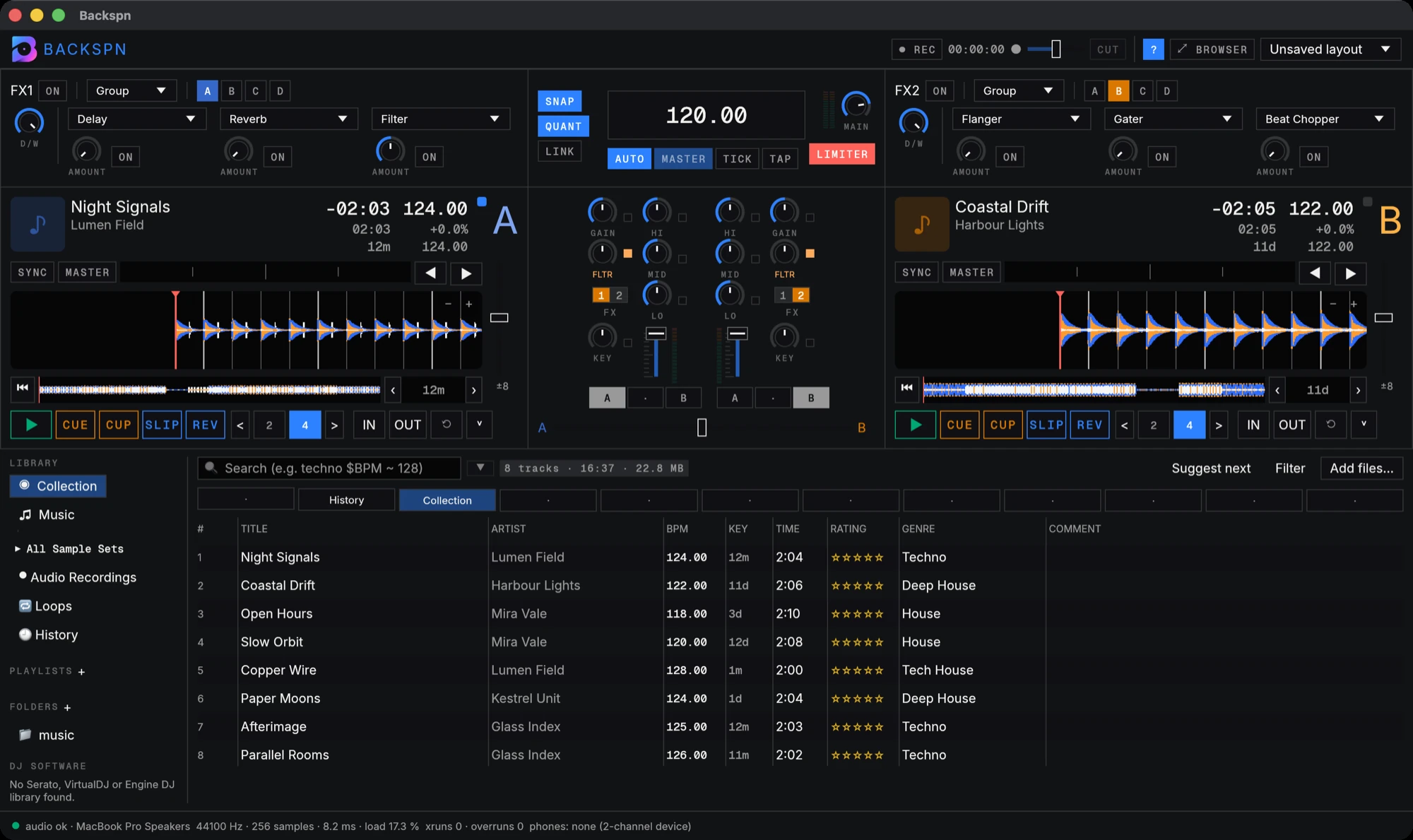 Backspn with two decks loaded, the FX units on top, the mixer in the middle and the library below